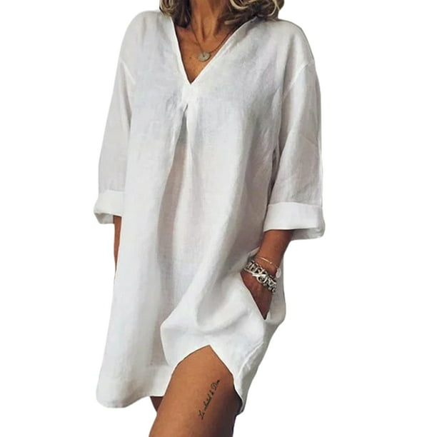 Womens Linen Shirts 3/4 Ruffle Sleeve Loose Breathable Tunic Blouses Casual V Neck Summer Tops